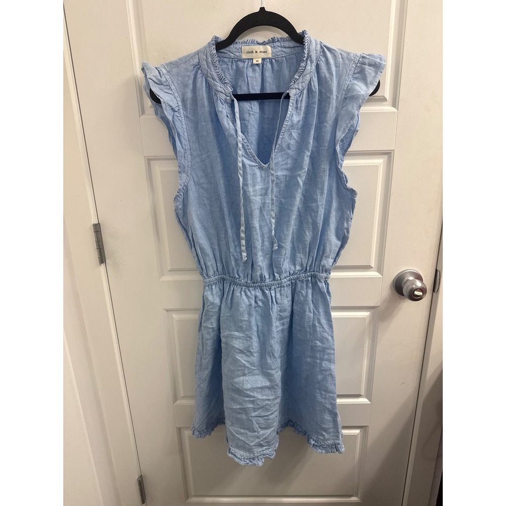 Cloth & Stone Blue 100% linen Ruffle Trim Elastic Waist Mini Dress Medium
